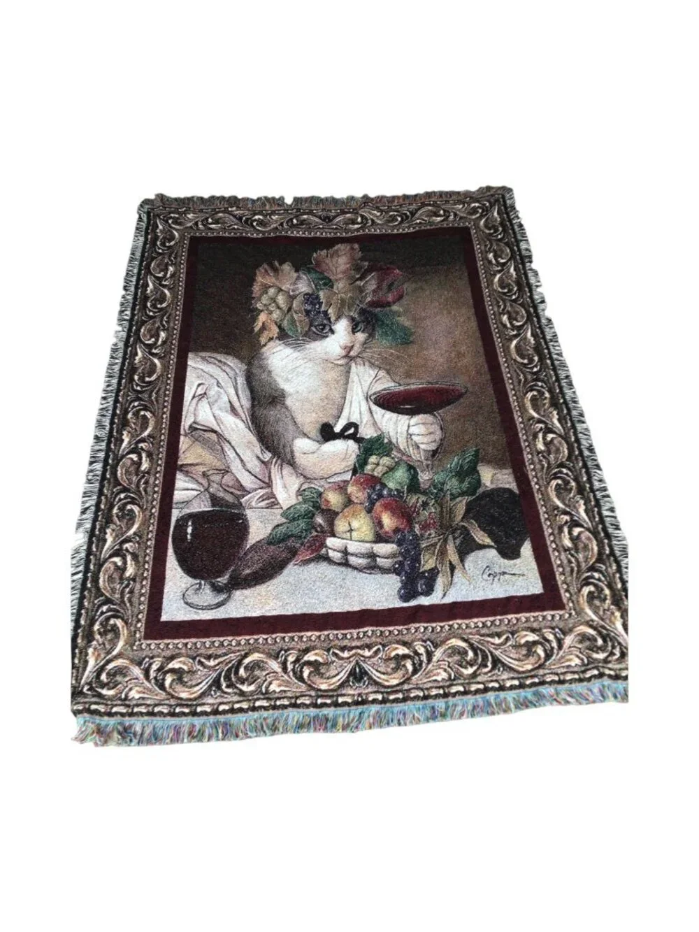 Weavers Pure Country Cat Wine Woven Blanket  approx 48 x 70 Fringed Edges